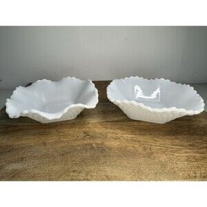 2 Vintage Milk Glass Diamond Point Ruffled Edge Square Candy Dishes